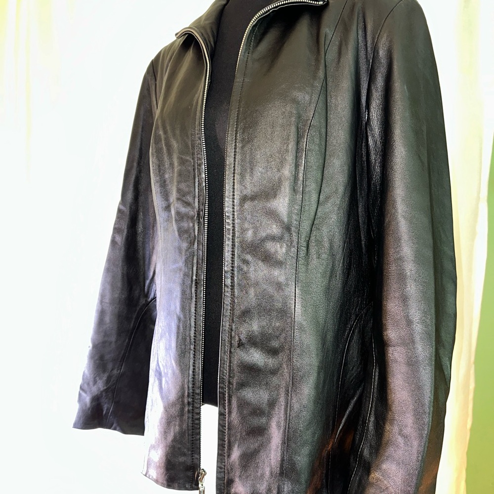 New York & Company Women's Black 100% Leather Full Zip Jacket Size L/Zip Pocket